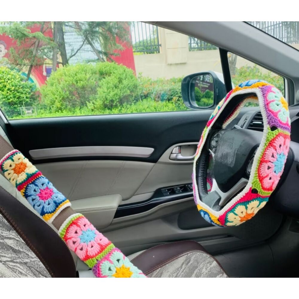 Handmade, colorful crochet steering wheel and seat belt cover